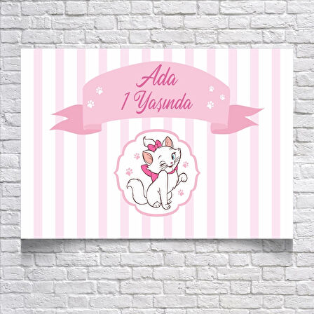 Pembe Çizgili Kedili Doğum Günü Afişi 35X50 cm