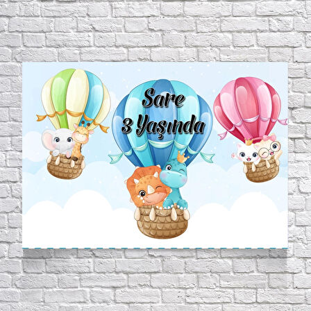 Gökyüzünde Balonda Uçan Sevimli Hayvanlar Teamlı Doğum Günü Afişi 70X100 cm