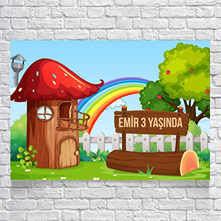 Mantar Ev Temalı Doğum Günü Afişi 100X150 cm