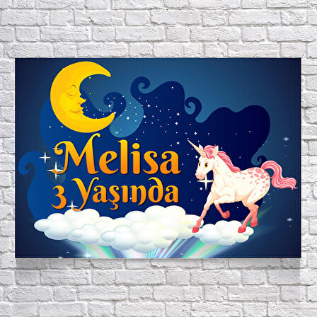 Unicorn ve Ay Temalı Doğum Günü Afişi 50 x 70