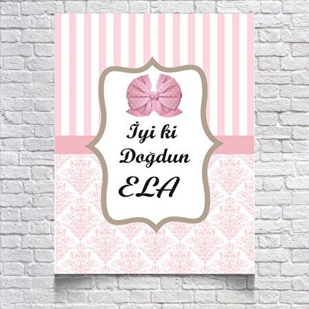 Pembe Çizğili Damask Desenli Doğum Günü Afişi 50 x 70