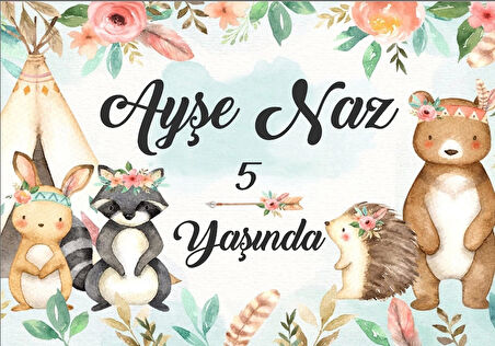 Sevimli Hayvanlar ve Çicekler Temalı Doğum Günü Afişi 100X150 cm