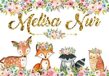 Sevimli Hayvanlar Çiçekli Doğum Günü Afişi 70 x 100