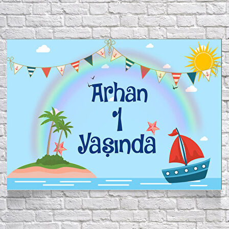 Gemi Deniz ve Gökkuşağı Temalı Doğum Günü Afişi 50 x 70