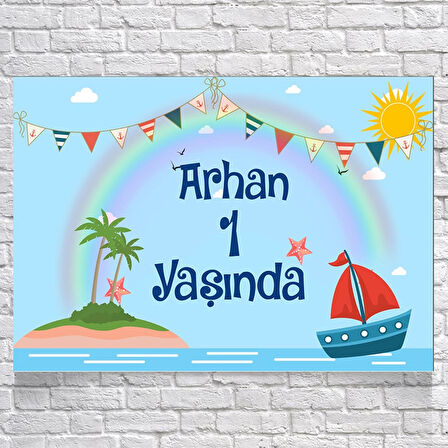 Gemi Deniz ve Gökkuşağı Temalı Doğum Günü Afişi 70X100 cm