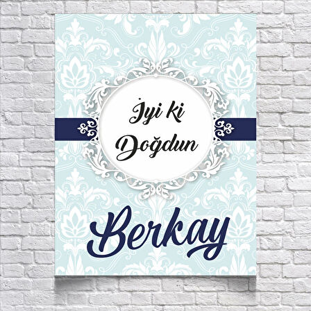 Mavi Damask Desenli Doğum Günü Afişi 50x70 Cm