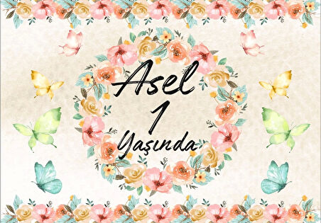 Resimli Çiçek ve Kelebekler Temalı Doğum Günü Afişi 50X70 cm