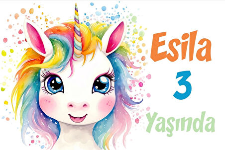 Gökkuşağı Saçlı Unicorn Temalı Doğum Günü Afişi -1 70X100 cm