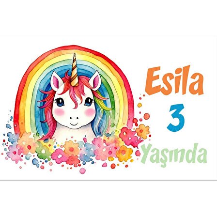 Gökkuşağı Saçlı Unicorn Temalı Doğum Günü Afişi -2 50X70 cm