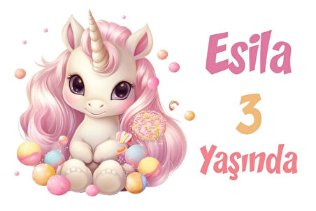 Pembe Unicorn Temalı Doğum Günü Afişi -7 50X70 cm