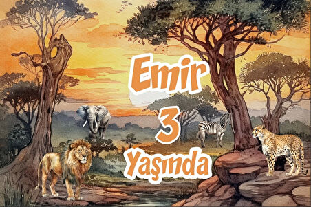 Safari Gün Batımı ve Hayvanlar Temalı Doğum Günü Afişi -1 100X150 cm