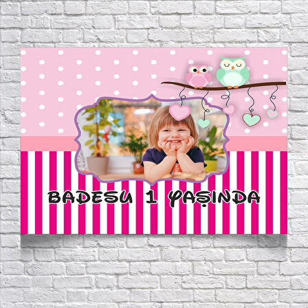 Pembe Çizgili Baykuşlu Doğum Günü Afişi 35X50 cm