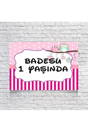 Pembe Çizgili Baykuşlu Doğum Günü Afişi 35X50 cm