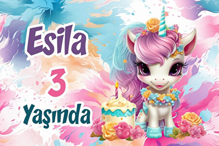 Pasta ve Unicorn Temalı Doğum Günü Afişi -3 50X70 cm