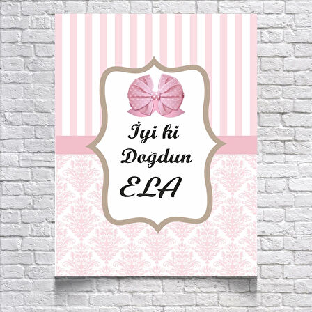 Pembe Çizgili ve Damask Desenli Doğum Günü Afişi 50X70 cm