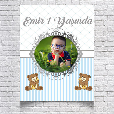 Mavi Çizgili Sevimli Ayıcıklı Doğum Günü Afişi 100X150 cm