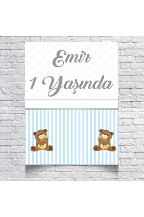 Mavi Çizgili Sevimli Ayıcıklı Doğum Günü Afişi 100X150 cm