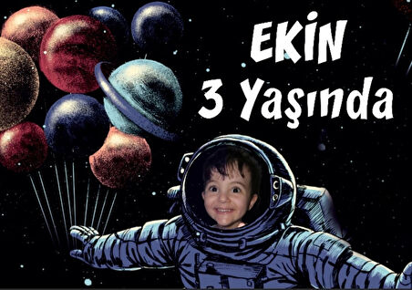 Astronot ve Gezegenler Temalı Doğum Günü Afişi 100X150 cm