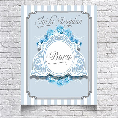 MAVİ DAMASK DESENLİ DOĞUM GÜNÜ AFİŞİ 100X150 cm