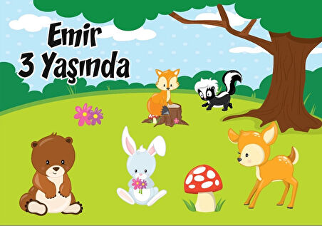 Orman Hayvanları Temalı Doğum Günü Afişi 100X150 cm