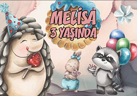 Sevimli Hayvanlar ve Şeker Temalı Doğum Günü Afişi 35X50 cm