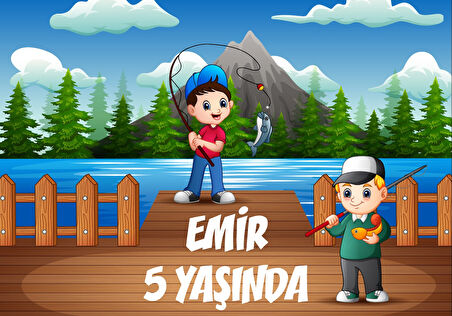 Balık Tutan Çocuklar Doğum Günü Afişi - 70x100 Cm