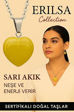 Sertifikalı Kalp Model Sarı Akik Taşı Kolye – İçsel Güç, Neşe ve Günlük Enerji Desteği