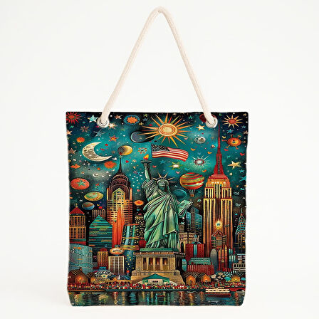 New York ve Özgürlük Heykeli Baskılı Plaj Çantası