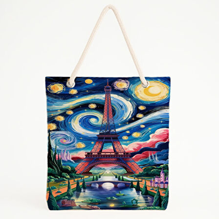 Eiffel ve Yıldızlı Gece Baskılı Plaj Çantası
