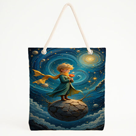 Küçük Prens ve Kozmik Gül Baskılı Plaj Çantası