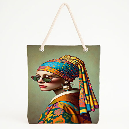 İnci Küpeli Kadın Baskılı Plaj Çantası