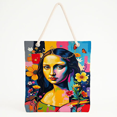 Renkli Mona Lisa Baskılı Plaj Çantası