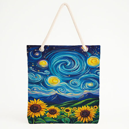 Yıldızlı Gece ve Ayçiçekleri Baskılı Plaj Çantası