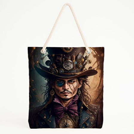 Saatli Şapkacı Baskılı Steampunk Tarzı Plaj Çantası