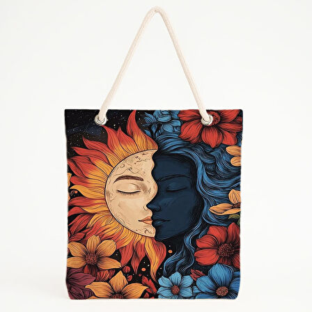 Güneş ve Ay Yüzleşmesi Baskılı Kozmik Denge Plaj Çantası