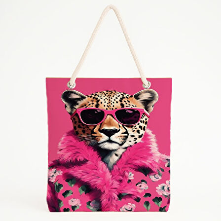 Pembe Kürklü Leopar Baskılı Moda İkonu Plaj Çantası