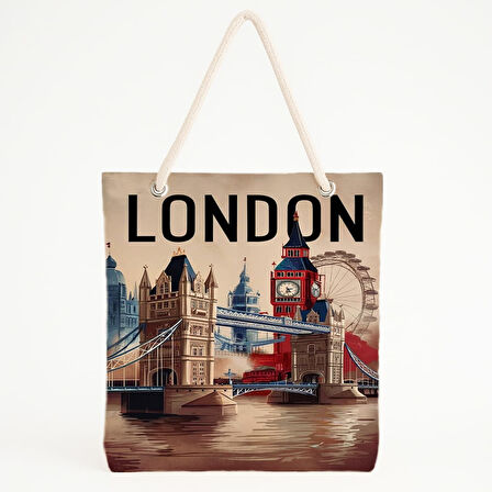 Londra Simgeleri Baskılı Kentsel Manzara Plaj Çantası
