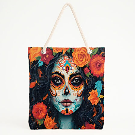 Şeker Kafalı Kadın Baskılı Kültürel Çiçekli Plaj Çantası