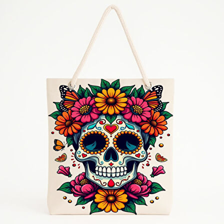 Çiçekli Şeker Kafatası Baskılı Kültürel Renkli Plaj Çantası