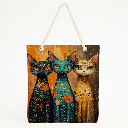 Desenli Üç Kedi Baskılı Sanatsal Sıcak Tonlu Plaj Çantası