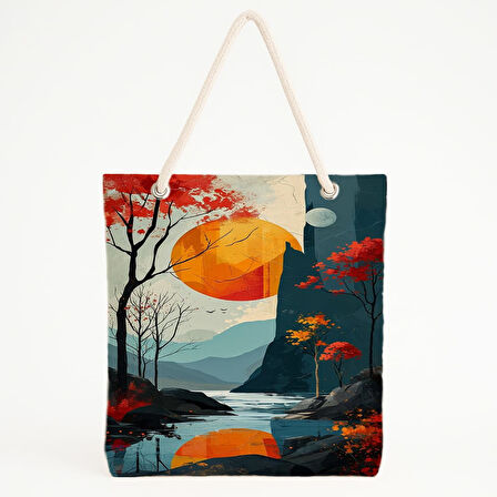 Turuncu Güneşli Manzara Baskılı Sessiz Doğa Plaj Çantası