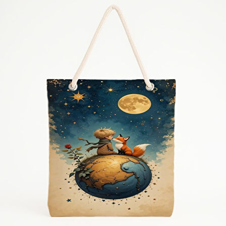 Tilki ve Çocuk Baskılı Yıldızlı Masalsı Plaj Çantası