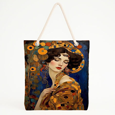 Klimt Esintili Kadın Baskılı Sembol Yüklü Plaj Çantası