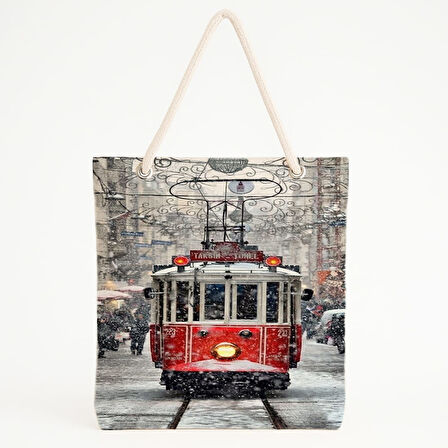 Taksim Tramvayı Baskılı Kış Manzaralı Şehir Plaj Çantası