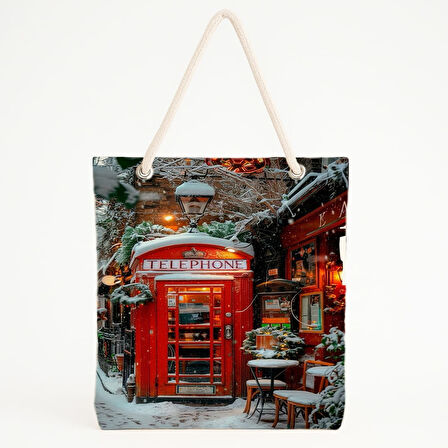 Kırmızı Kulübe Baskılı Kış Temalı Nostaljik Plaj Çantası