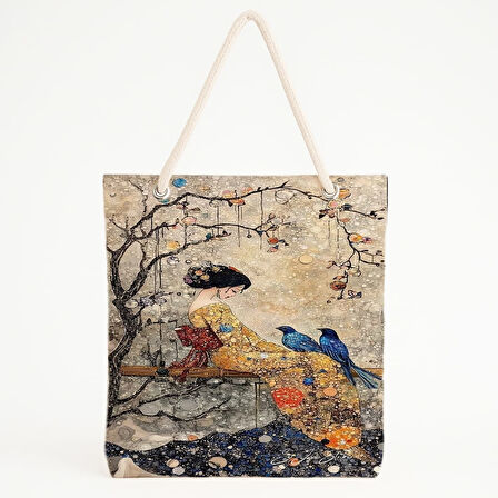 Mavi Kuşlu Kadın Baskılı Dingin Doğa Temalı Plaj Çantası