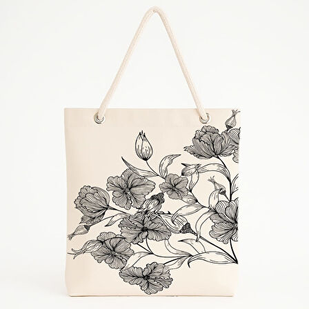 Siyah Çiçek Desenli Zarif Doğa Temalı Plaj Çantası