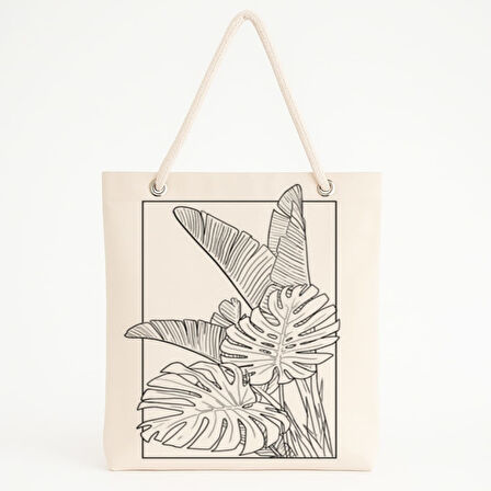 Tropik Yaprak Çizimi Baskılı Minimal Doğa Plaj Çantası