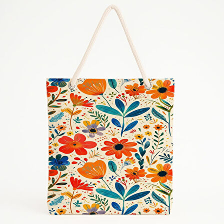 Kuşlu Renkli Çiçek Desenli Neşeli Bahçe Plaj Çantası