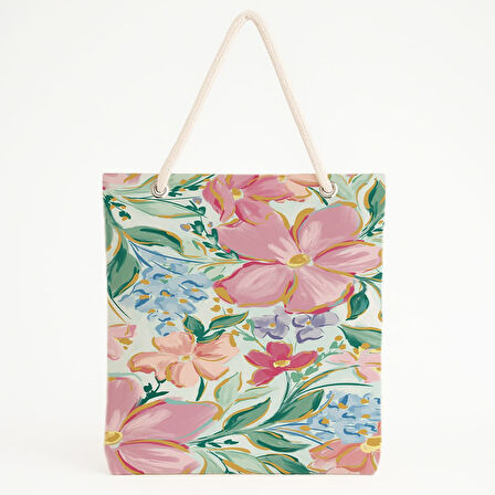 Renkli Fırça Çiçekli Pastel Bahar Temalı Plaj Çantası